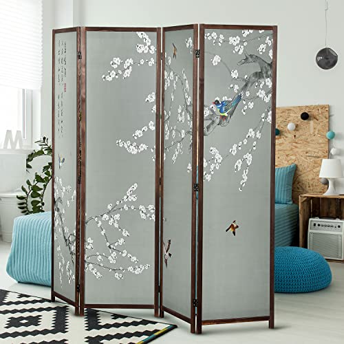 MyGift 4-Panel Asian-Inspired Folding Room Divider with Cherry Blossom Tree & Bird Design Poetry Calligraphy and Brown Wooden Frame 78''W x 70.5''H(6FT)