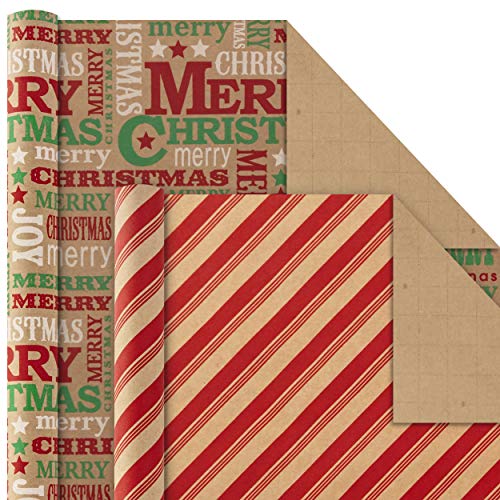 Hallmark Christmas Wrapping Paper Bundle with Cut Lines on Reverse, Kraft (Pack of 4, 88 sq. ft. ttl) Red Trucks, Snowflakes, Stripes, Merry Christmas (5JXW1038)