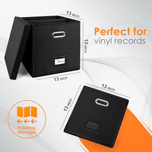 Vinyl Record Storage Box for 50+ Single LPs (12-Inch), Stackable Albums Linen Crate with Lid, Collapsible Play Music Collection Holder, Document File Folder Cabinet Organizer Case with Handle