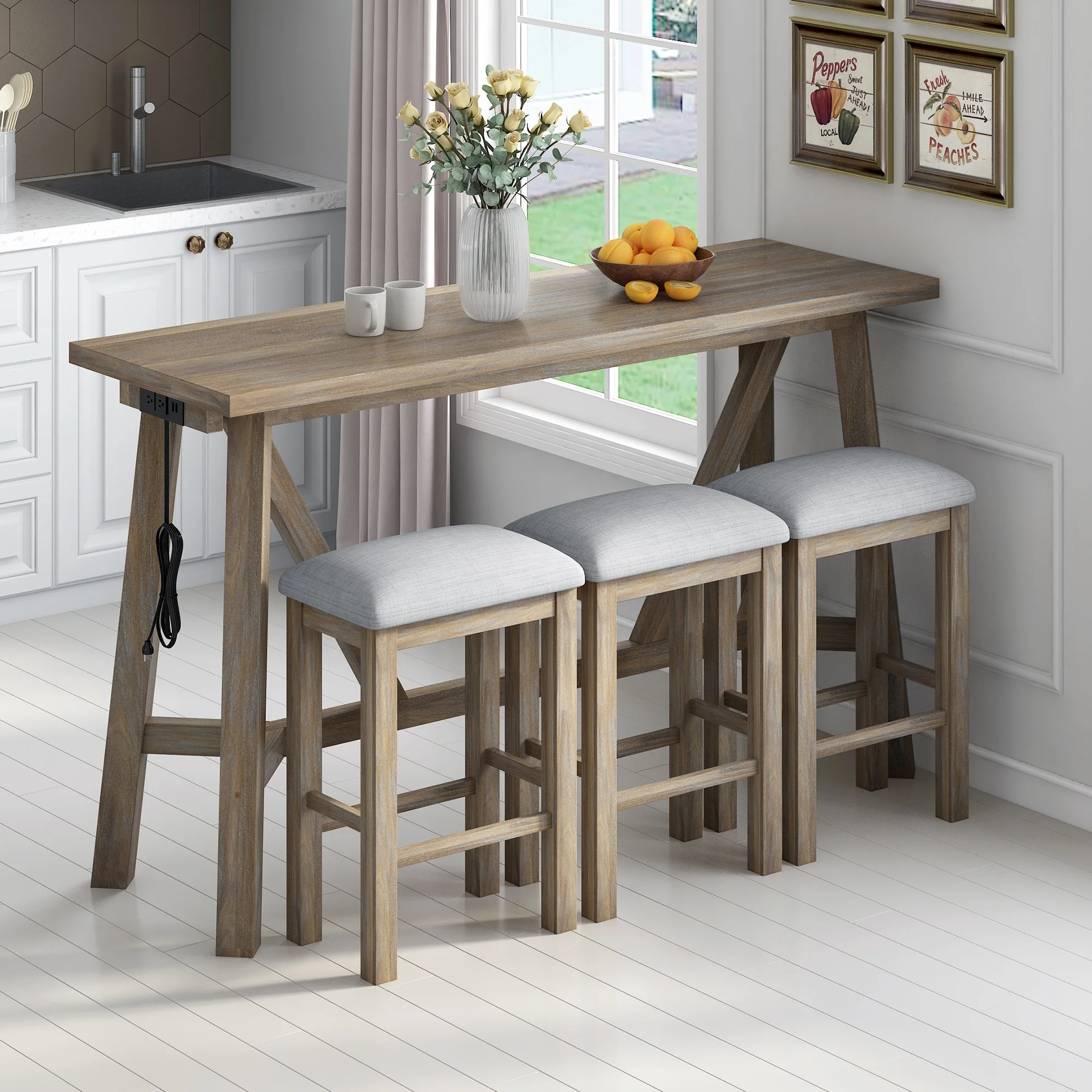 Distressed Multipurpose Kitchen Bar Table Set with Upholstered Stools Natural Wood Wash