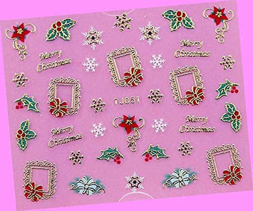Merry Christmas Holly Poinsettia Frame Bow Snowflakes 3D Nail Art Sticker Tj051 Gold for Nails Design Nail Art Stickers Decals Supplies Manicure Tips Sticker Colorful for Nail Decorations