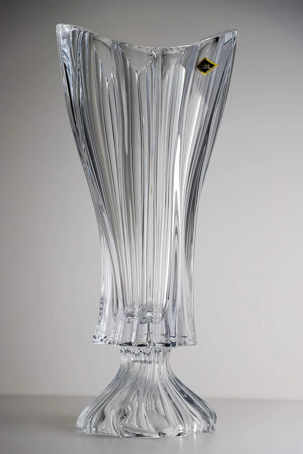 Bohemian Crystal Glass Footed Vase 16''-H Clear Vintage European Design ''Plantica'' Centerpiece Flower Vase Holiday Decorative Gift For Birthday Wedding Housewarming Anniversary