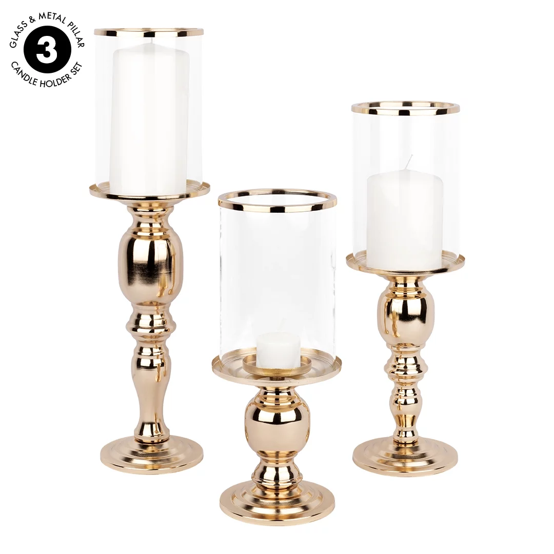 Koyal Wholesale Copper Pillar Candle Holders With Hurricane Glass, Set of 3