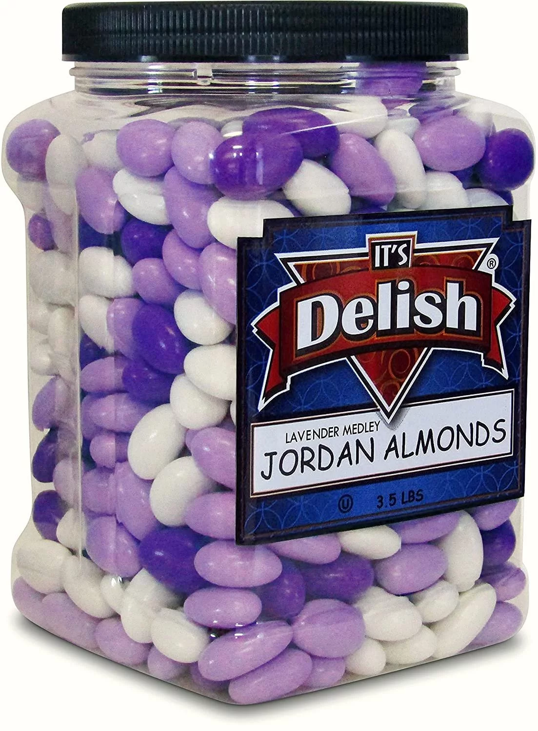 Lavender Purple & White Jordan Almonds Medley by It's Delish, 3.5 LBS Jumbo Container Valentines Mothers Day Girl Theme Bulk Party Favors Almond Nut Coated in Sweet Hard Candy Shell - Vegan & Kosher