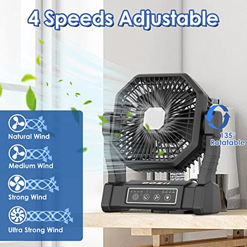 Battery Operated Fan, 20000mAh Rechargeable Camping Fan for Tent with LED Lantern - 3 Colors, 4 Speeds, 4 Timing, Adjustable Head with Hook, Portable Camping Gear for Table, BBQ, Beach, Hiking,Travel