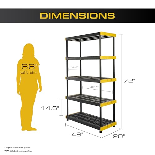 CX Black & Yellow®, 5-Tier Heavy Duty Plastic Storage Shelving Unit, 200lbs/shelf (72”H x 48”W x 20”D), for Indoor/Outdoor Organization, Modular Rack
