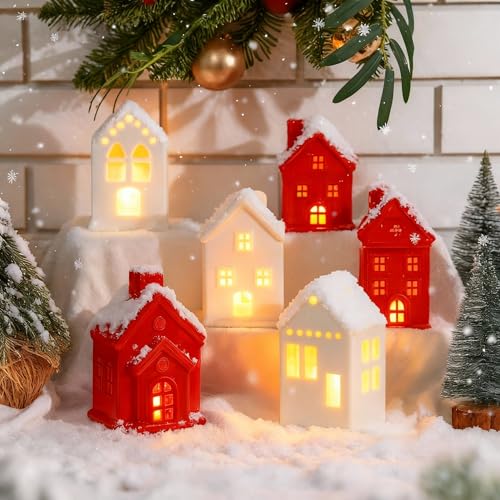 6 Pcs Ceramic Christmas Village Houses LED Lighted Christmas Village Sets Holiday Gift for DIY Winter Holiday Miniature Porcelain House Figurines for Home Tabletop Mantel Shelf Decor(Green and White)