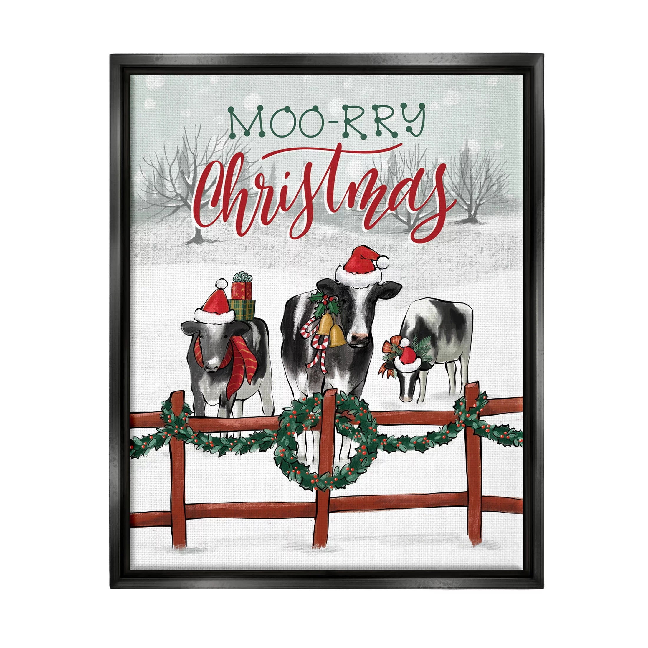 Moo-rry Christmas Holiday Snowy Cows Holiday Graphic Art Jet Black Framed Art Print Wall Art