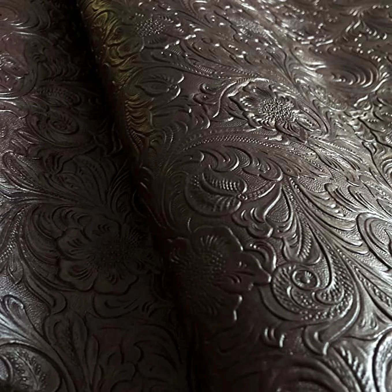 Tooled Faux Leather Western Cowboy, Floral Embossed Vinyl, Craft DIY and Upholstery Pleather Fabric - Cut By The Yard (Burgundy)