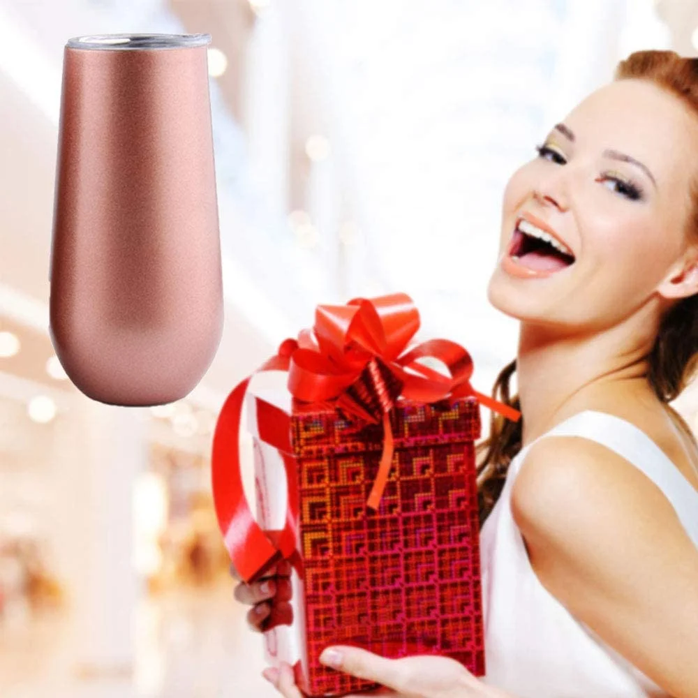 Sivaphe Stainless Steel Champagne Toasting Glasses 6 Ounce with Lid Rosegold Insulated Champagne Flutes 2 Set