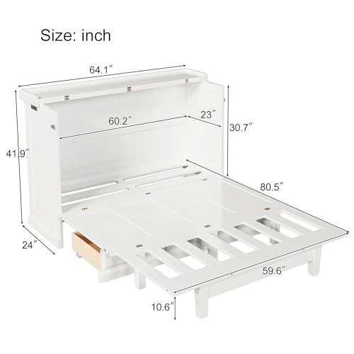 Harper & Bright Designs Queen Size Murphy Bed, Solid Pine Murphy Bed Frame Cabinet with Charging Station and Large Drawer, White