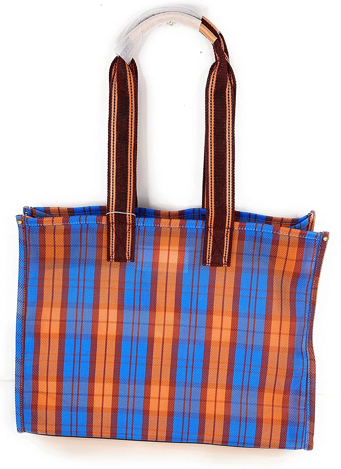 Tory Burch Large Ella Mesh Tote Handbag Blue Orange Mercado Plaid