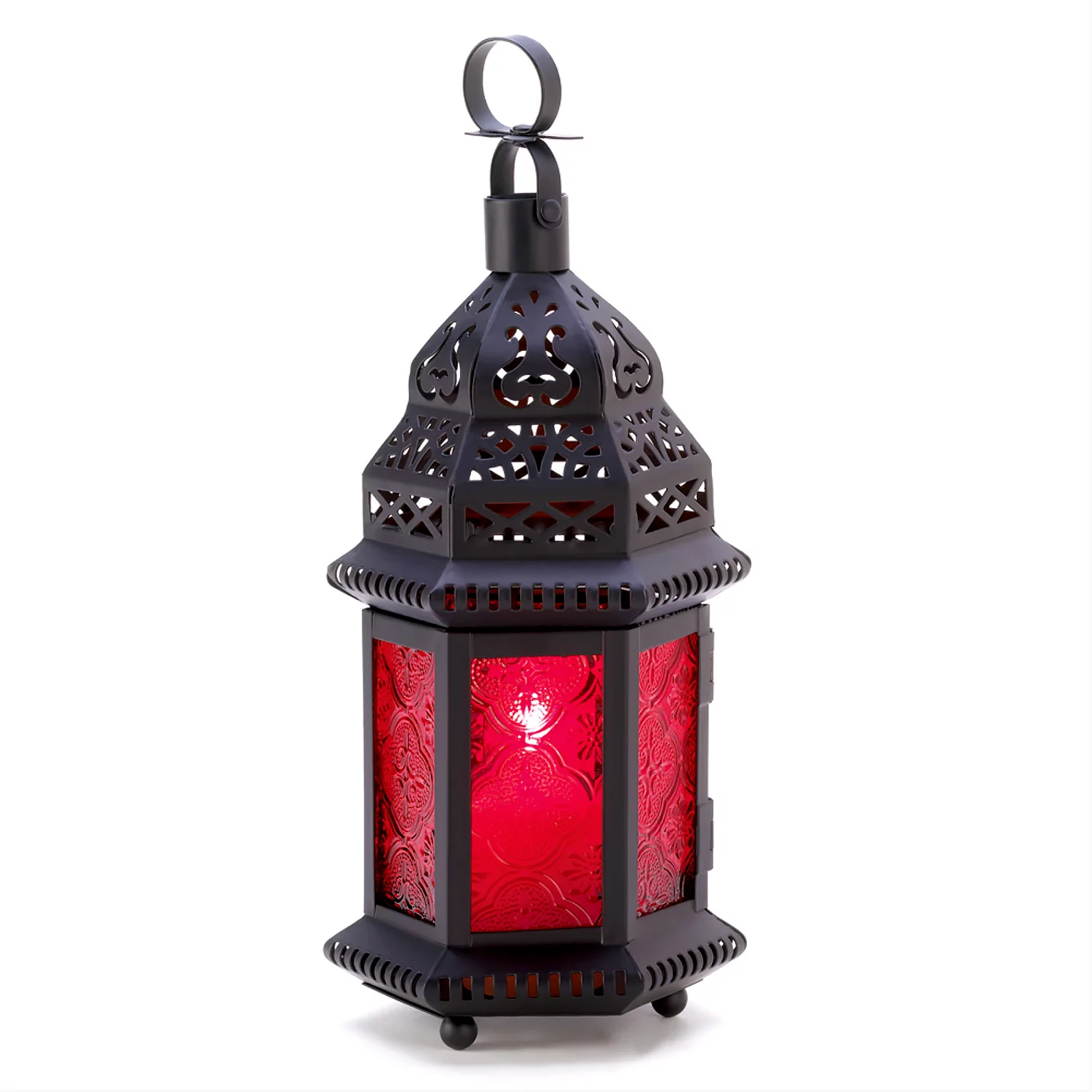 Nahla Ruby Red Glass Moroccan Lantern | Moroccan Lantern Iron Table Lamp | Home Décor Candle Lamp | Hanging Garden Lantern | Gift