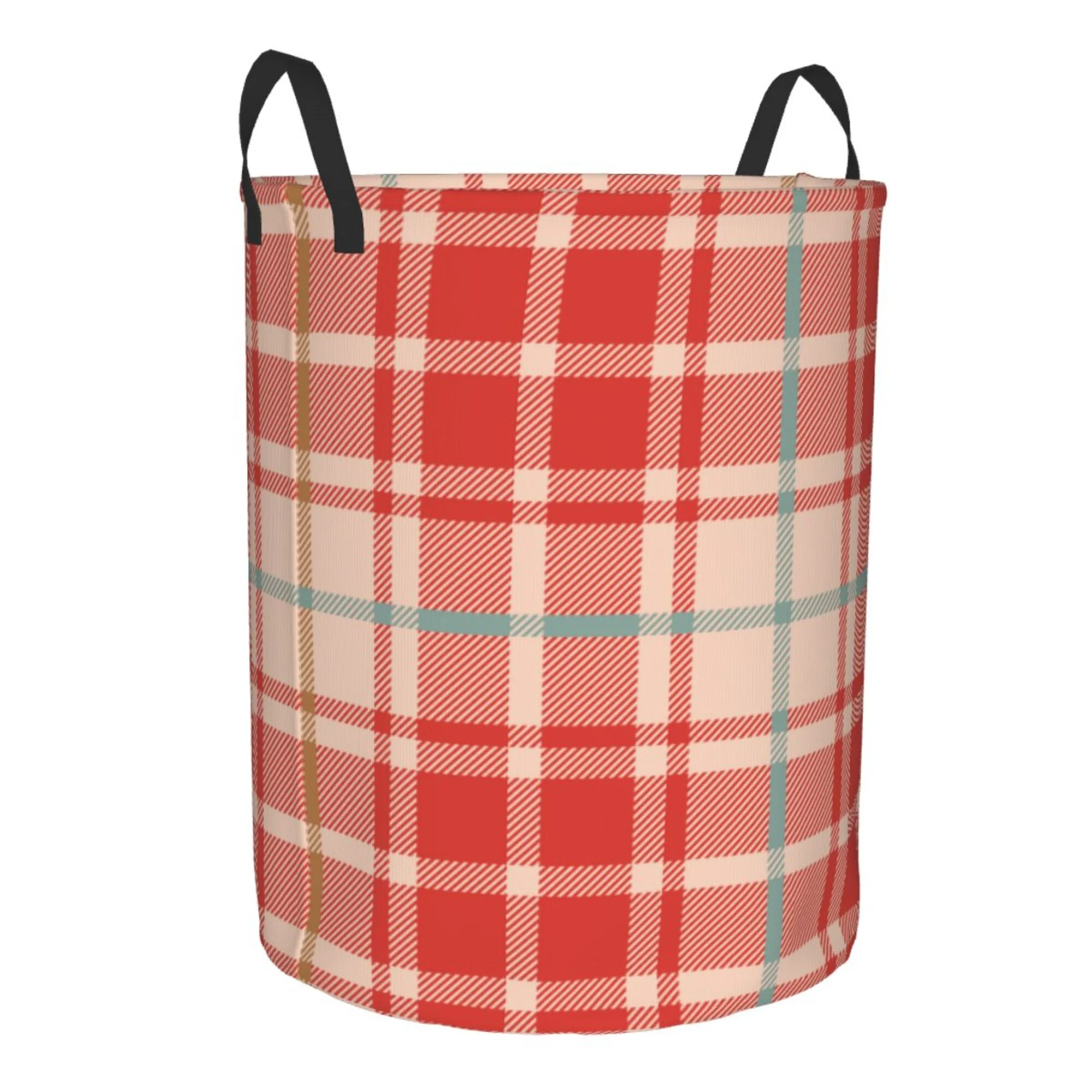TEQUAN Waterproof Laundry Hampers, Beige Red Checkered Plaid Pattern Clothes Storage Basket with Handle (S)