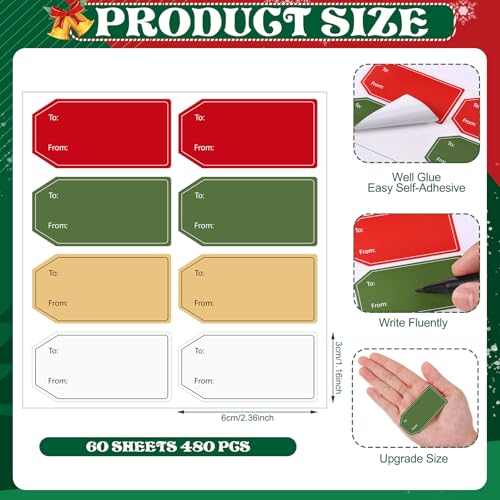 480 PCS 3 Colors Gift Tag Stickers, 1.18
