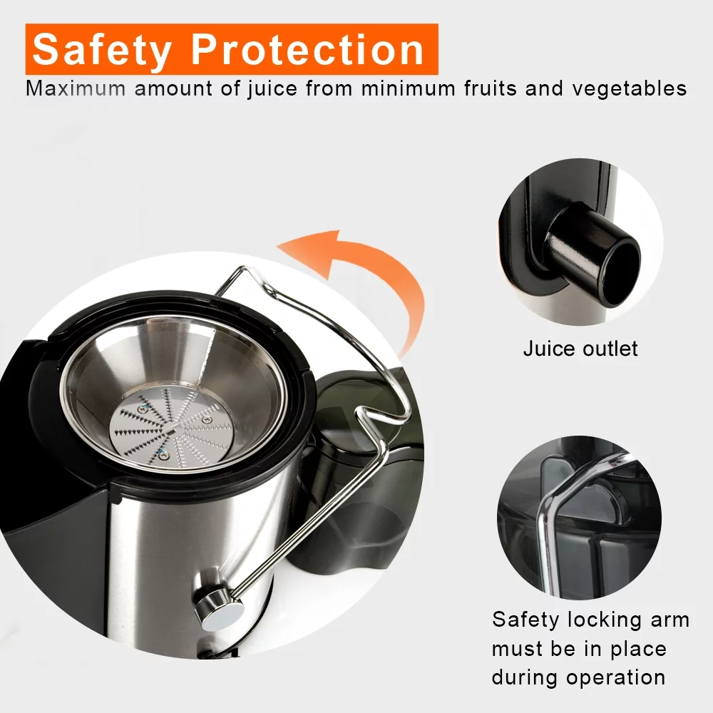 Xhy Electric Juicer with 2 speeds, Easy Clean, 65mm wide mouth, Stainless Steel (BPA Free), Black