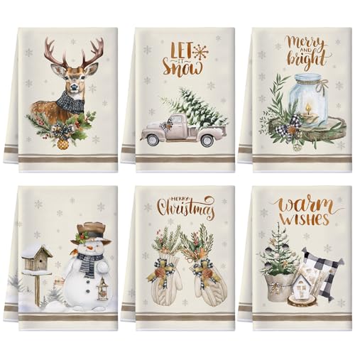 Geyoga 6 Pcs Christmas Kitchen Towels Snowman Christmas Dish Hand Towels Absorbent Xmas Truck Reindeer Vintage Tea Dishcloths for Winter Holiday Bathroom Decor Housewarming Gifts, 16 x 24 Inch