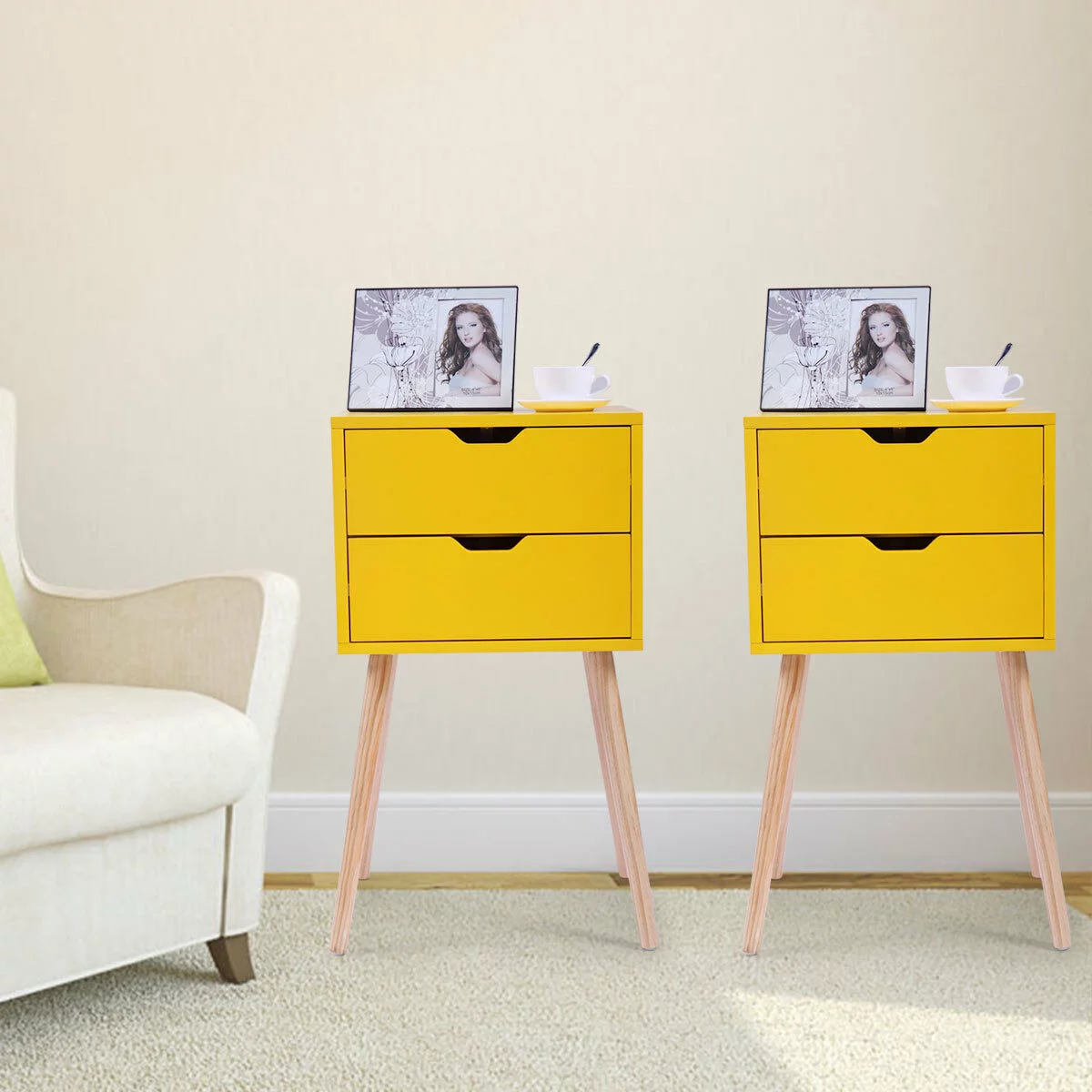 Minority Set of 2 Nightstand with 2 Storage Drawer  Accent Solid Wood Side End Table for Home Living Room Bedroom  Yellow