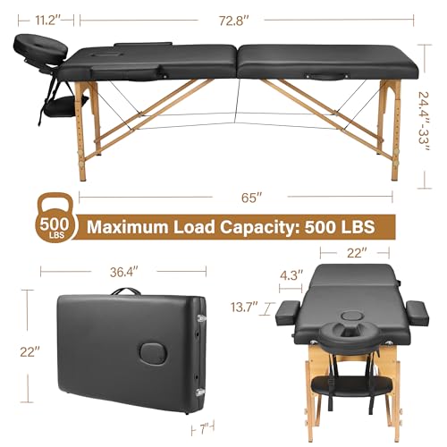 PrimeZone Portable Massage Table Lash Bed- Height Adjustable 2 Folding Massage Bed, Black Tattoo Lash Table with Carrying Bag, Professional Wooden Spa Table for Eyelash, Facial, Home, Therapy, Salon