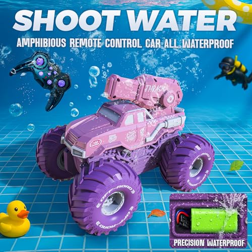 BEZGAR 1:16 Monster Truck Remote Control Car - Amphibious RC Off-Road Pickup Boat with Shooting Splash - 2.4GHz 4WD Waterproof All-terrian Pool Toy Vehicles Summer Gifts for Kids Boys Girls Age 6-12
