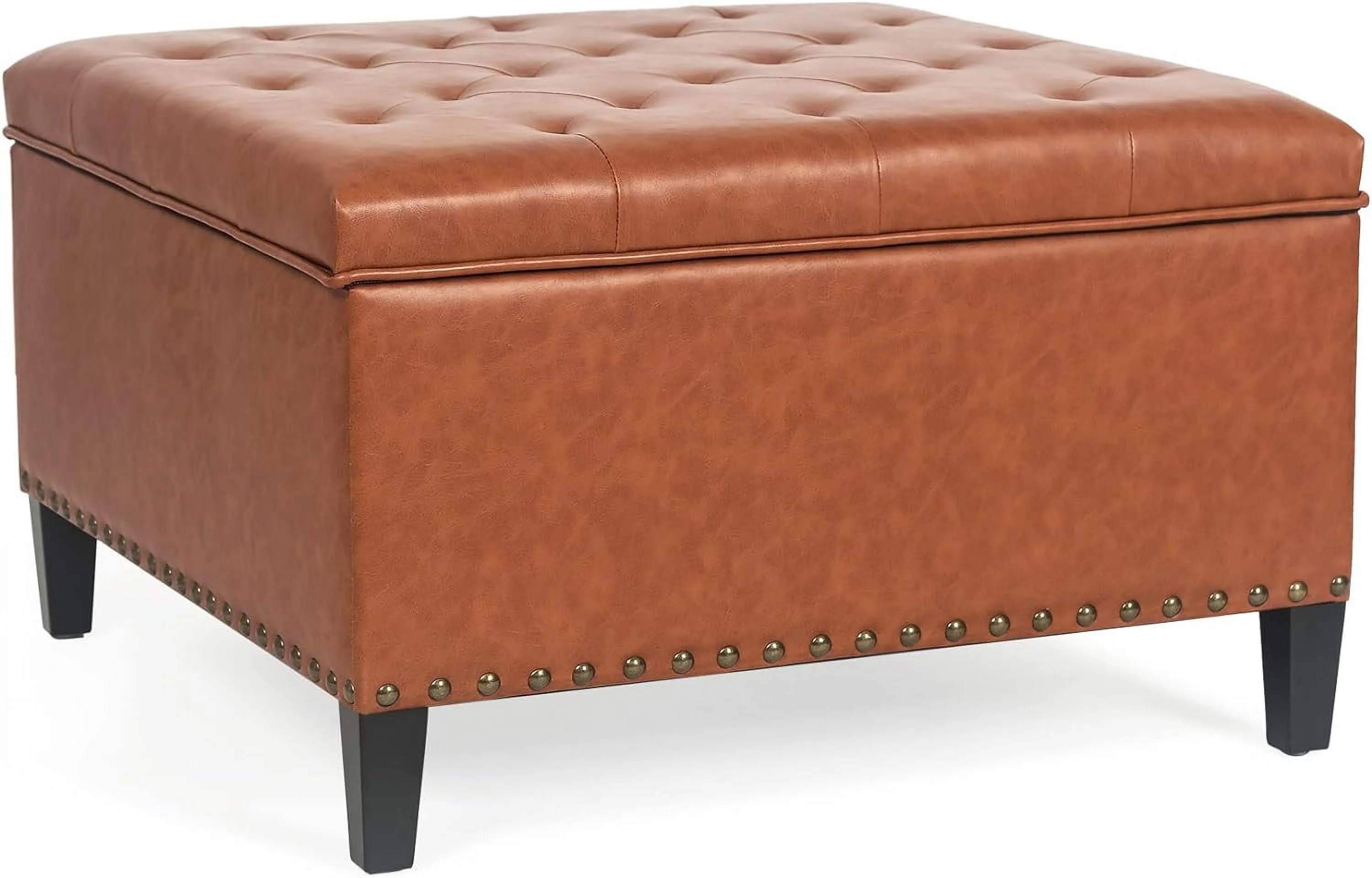 Large Square Storage Ottoman Bench, Tufted Upholstered Coffee Table Footstool Footrest With Wood Legs For Living Room Bedroom, Orange Brown
