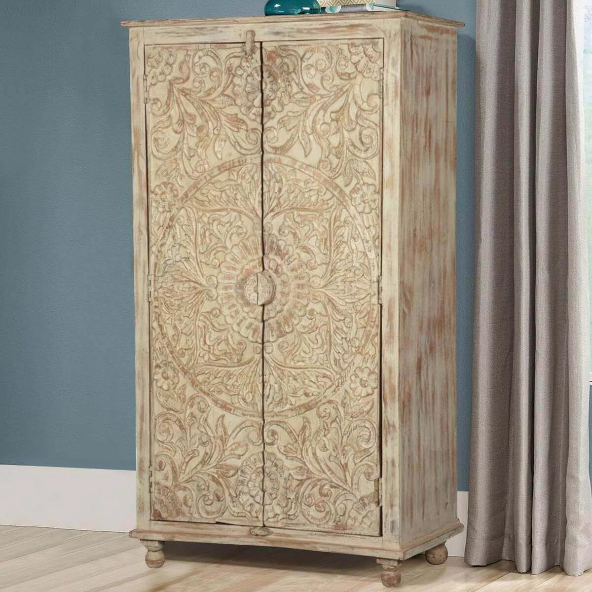 ALONA Hand carved Solid Wood Distressed White Armoire w Shelves