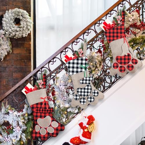 Syhood 3 Pieces Pet Christmas Stockings Dog Cat Christmas Stockings 18'' Paw Pattern Stockings for Xmas Tree Fireplace Hanging Christmas Party Decorations Gift(Fashion Plaid,Linen,Cotton)
