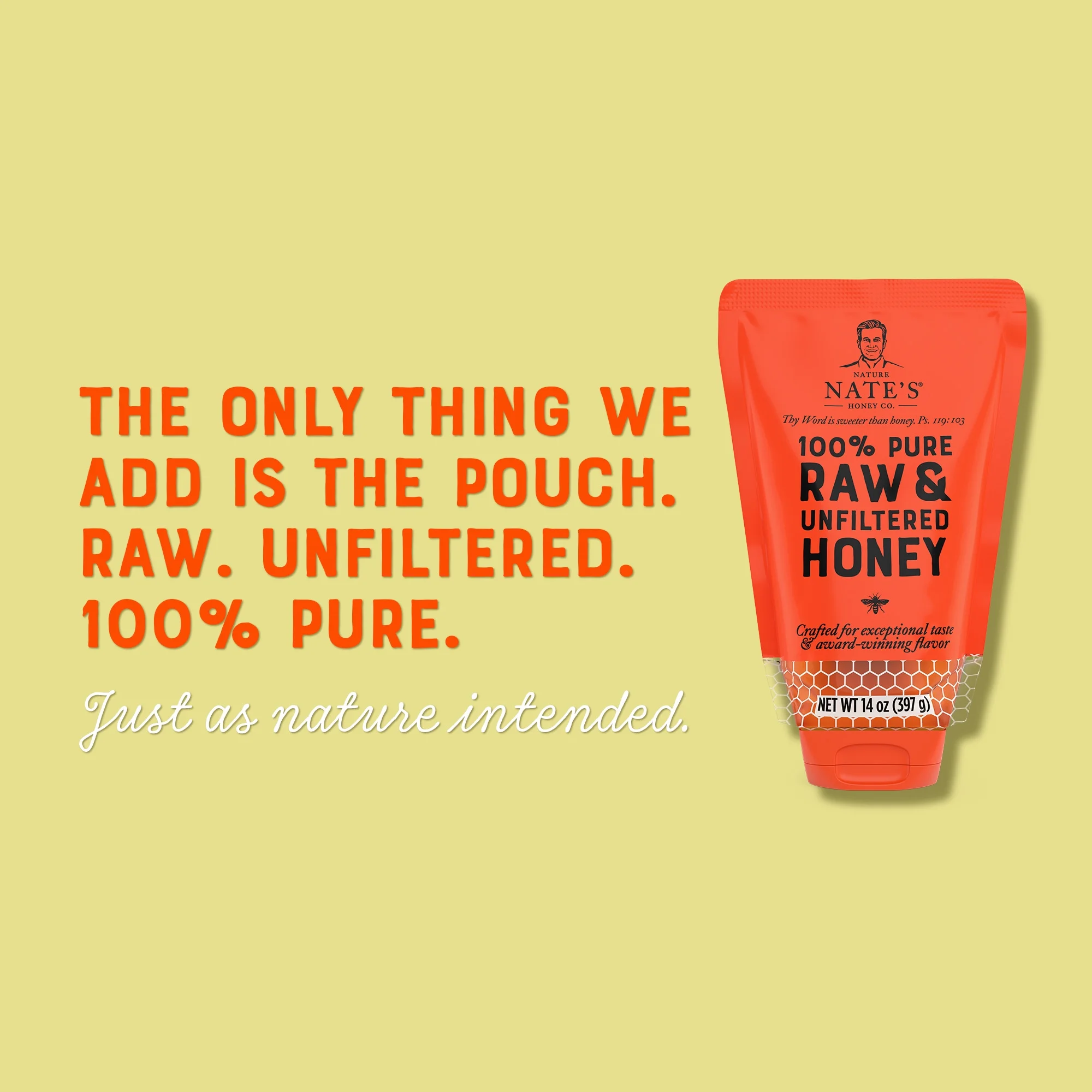 Nature Nate's Honey: 100% Pure, Raw, and Unfiltered Honey Pouch - 14 fl oz Gluten-Free Honey