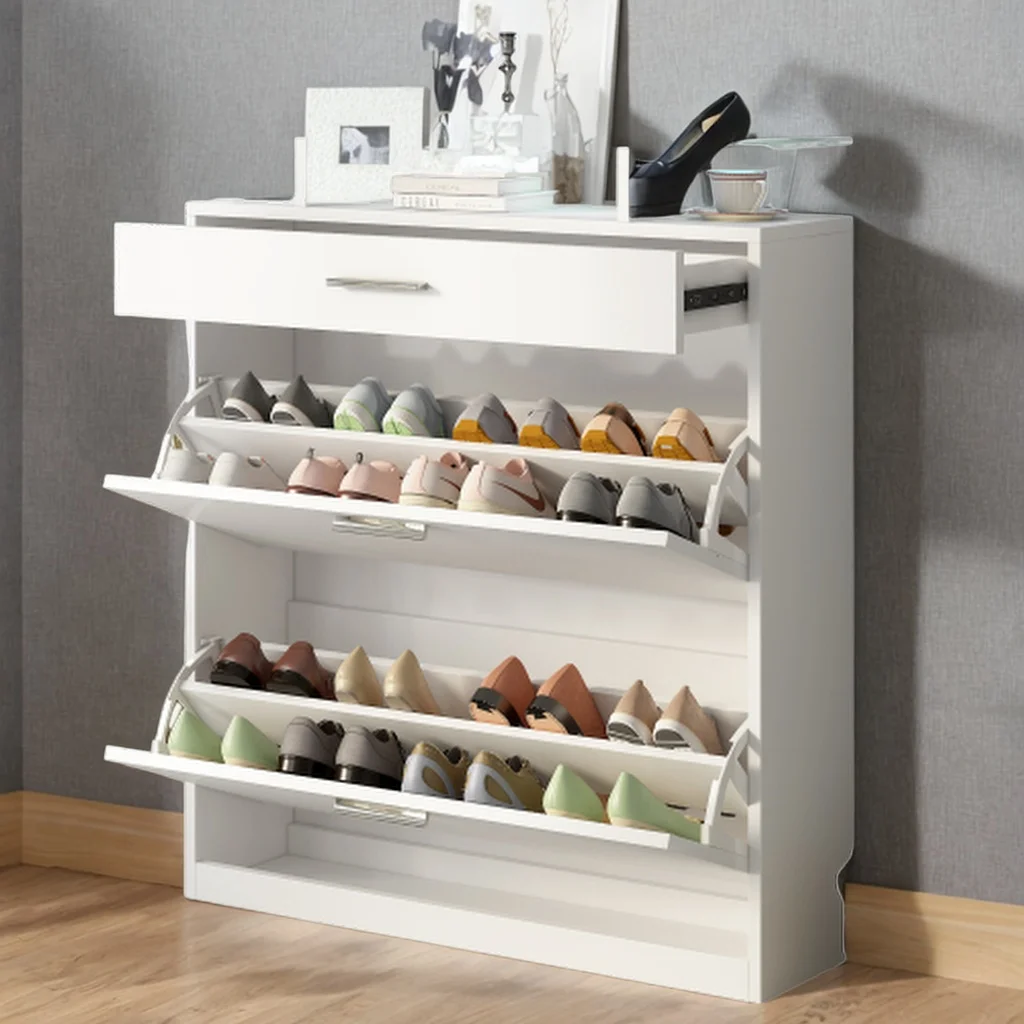 Slim Entryway Organizer with 2 Flip Drawers, Tempered Glass Top Shoe Storage Cabinet with Drawer, Free Standing Shoe Rack with LED Light for Hallway (white)