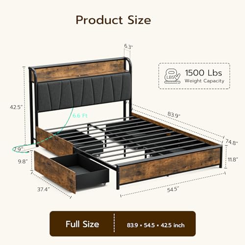 Queen Size Bed Frame with Headboard and Storage 4 Drawers Platform Bed Frame with Storage Chargin Station LED Light Bed Frame