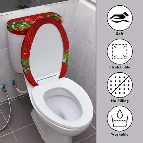 Christmas Bow Bell Toilet Tank Lid Cover and Toilet Seat Lid Cover 2 Pcs Set Toilets Covers with Elastic Cloth Fits Most Toilets Tanks & Lids