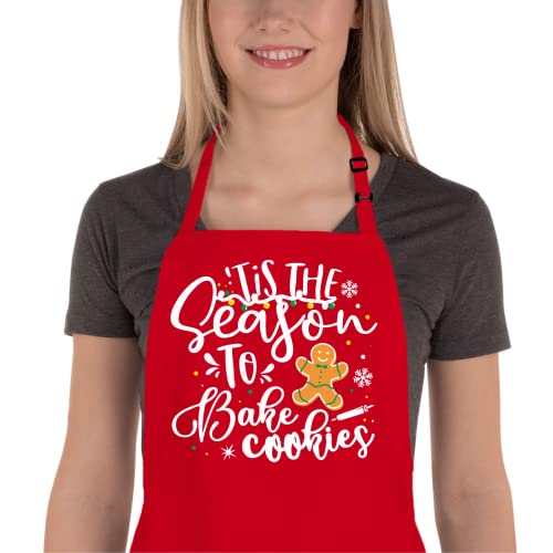 Christmas Baking Apron for Women Men, Holiday Baking Gifts for Bakers, Red Xmas Kitchen Cooking Aprons with 2 Pockets, Cute Christmas Aprons Gift for Mom Wife Sister - Tis The Season to Bake Cookies