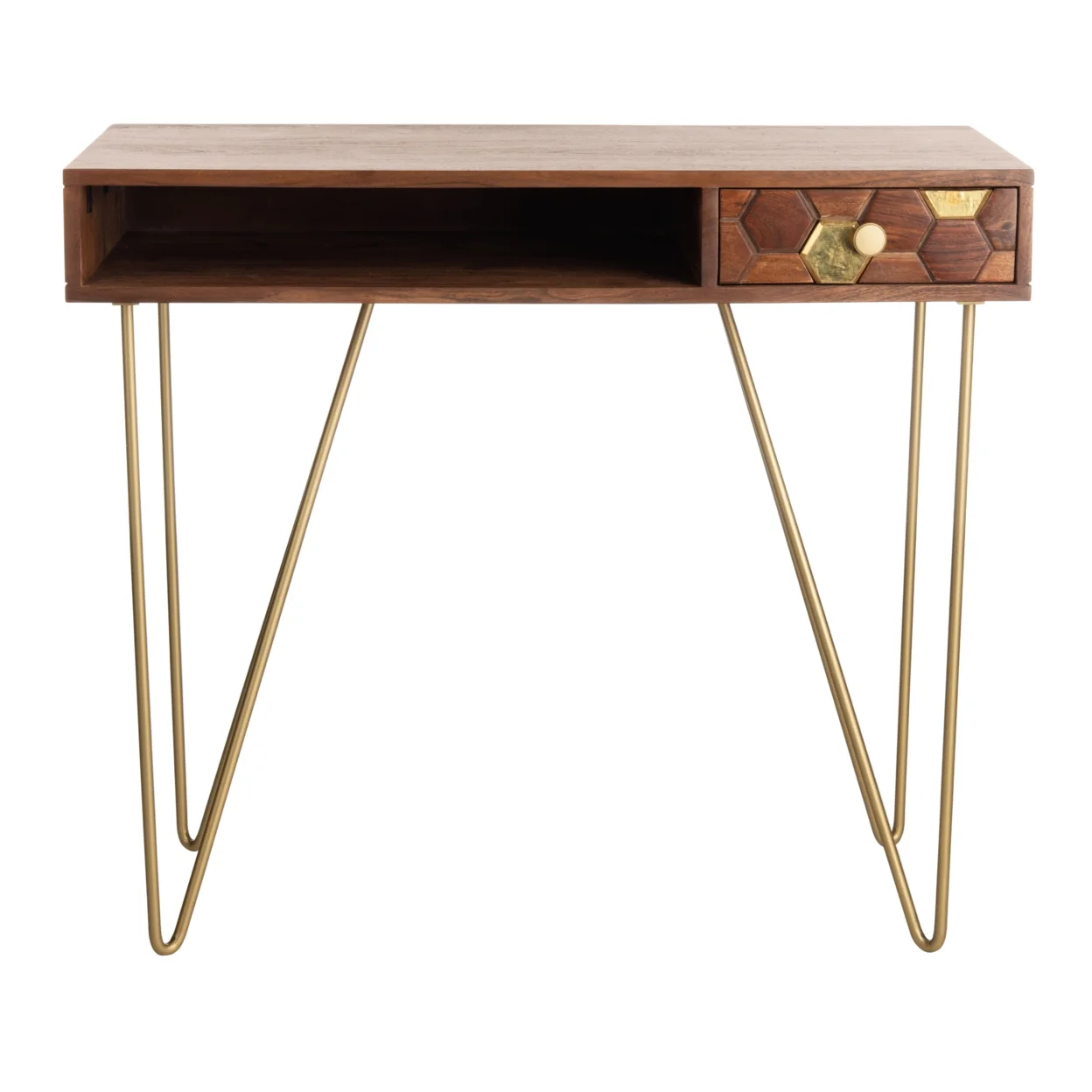 SAFAVIEH Raveena Mid-Century w/ Drawer Writing Desk, Walnut/Brass