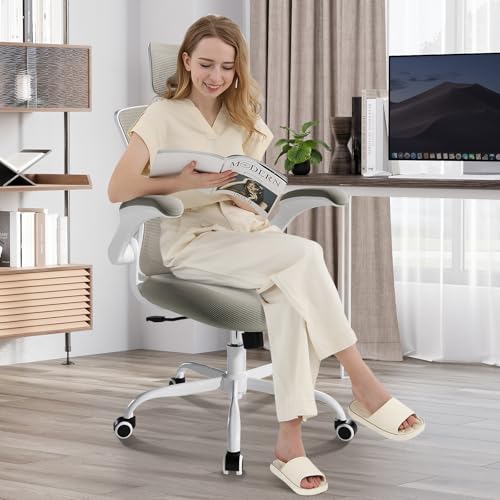 Ergonomic Office Chair with Adjustable Lumbar Support & Headrest, High Back Mesh Desk Chair with Flip-Up Armrests, Breathable & Comfortable Computer Chair for Home, Office & Study –Khaki