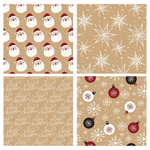 RUSPEPA Christmas Kraft Wrapping Paper - Owl, Reindeer, Christmas Ball and Text Design - 4 Rolls - 30 inches x 10 feet per Roll