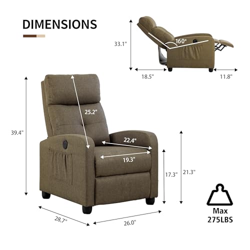 Power Massage Small Recliner Chair, Fabric Recliners for Adults, Adjustable Home Theater Seating with Lumbar Support, Modern Reclining Sofa Chair for Living Room Bedroom (Smoky Grey)