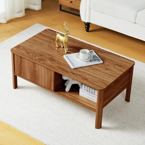 Wooden Fluted Lift Top Coffee Table with Hidden Compartment, Modern Rectangle Center Tables with Adjustable Storage Shelf, Lift Tabletop Dining Table for Home Living Room Office(Walnut)