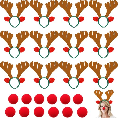 12 PCS Christmas Reindeer Antlers Headband,Reindeer Antlers Hair Hoops,Antler Headband with Ears and Red Noses for Adults Kids,Christmas Holiday Party Favors