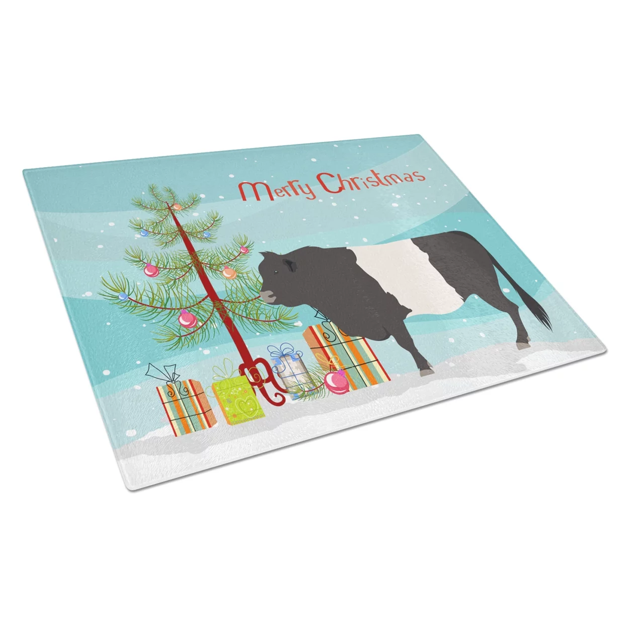 Caroline's Treasures Belted Galloway Cow Christmas Glass Cutting Board Large