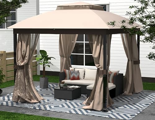 Outdoor Patio Gazebo 10x10, Heavy Duty Gazebos, Soft Top Gazebo with Square Metal Frame, Double Roof Canopy, Mosquito Nets & Privacy Enclosures, Permanent Pavilion for Decks & Backyards