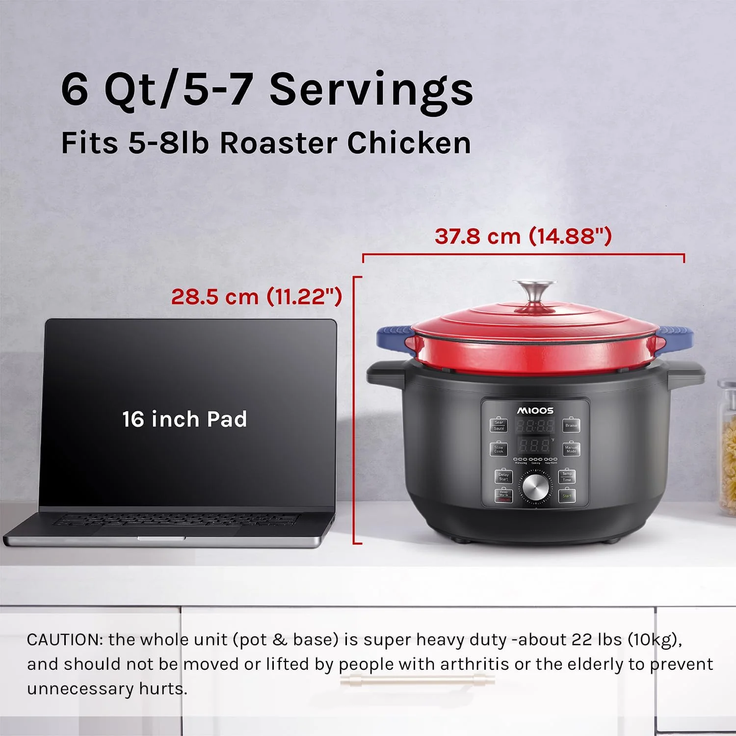 Electric Precision Enameled Cast Iron Dutch Oven 6 in 1 Multi Cooker 6 Qt Heavy Duty, Sear/Saute/Braise/Slow Cook/Keep Warm/Delay/Manual, Red