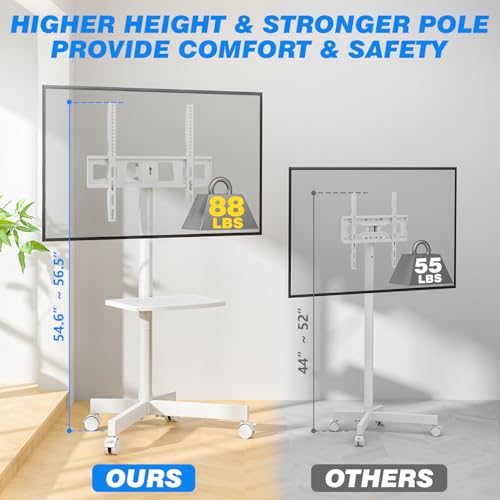 Rfiver Strong Rolling TV Stand with Shelf for 23-65 inch TVs up to 88lbs, Portable Mobile TV Cart with Silent Wheel, Tilt & Height Adjustable Universal Corner TV Stand for Bedroom, Living Room, Office