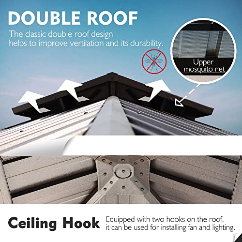 Kozyard Caesar 10'x10' Hardtop Gazebo - Permanent Metal Pavilion with Netting and Shaded Curtains for Patio, Backyard, and Deck - Galvanized Steel Outdoor Aluminum Canopy, Double Roof Gazebo (Grey)