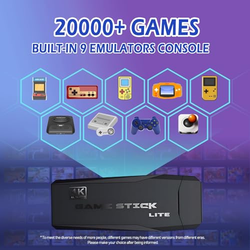 Upgraded Wireless Retro Gaming Console, Retro Game Stick 4K with 20,000+ Games and 9 Emulators Built-in, Plug and Play Video Games for TV, 2.4G Wireless Controllers