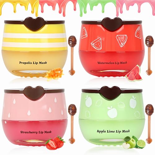 4 PCS Bee Lip Balm Lip Mask Honey Pot, Honey & Strawberry & Watermelon & Apple Lime Lip Sleeping Mask Propolis Moisturizing Lip Balm with Stick, Hydrating Prevention Dry & Cracked