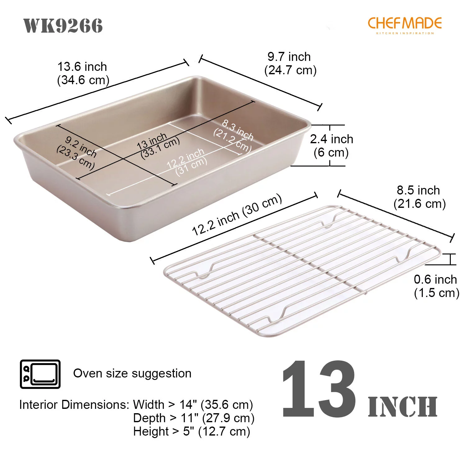 CHEFMADE 13-Inch Roasting Pan with Cooling Rack, Non-Stick Rectangular Deep Dish Oven-BBQ Bakeware 9