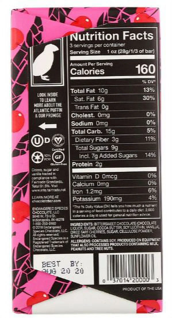 (Case of 12 )Endangered Species Natural Chocolate Bars - Dark Chocolate - 72 Percent Cocoa - Cherries - 3 oz Bars