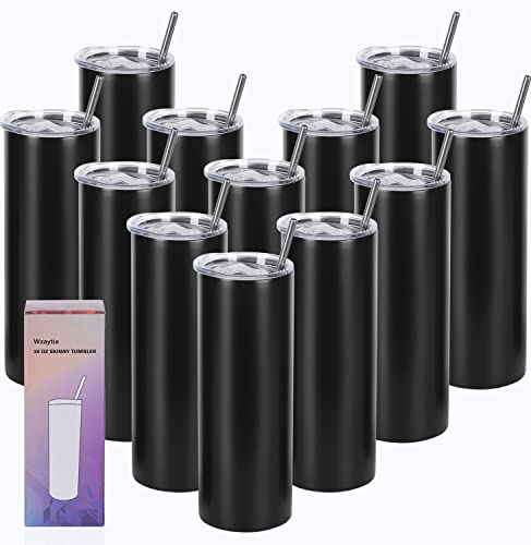 20 Oz Stainless Steel Straight Skinny Tumbler Set (8 Pack), Insulated Slim Thin Travel Cup with Lid, Black