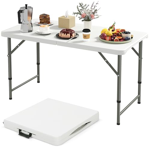 Goplus Portable 4 Foot Plastic Folding Table, 400 LBS Indoor Outdoor Heavy Duty Adjustable Folding Tables with HDPE Tabletop, Carrying Handle, Foldable Utility Card Table for Picnic, Camping, Dining