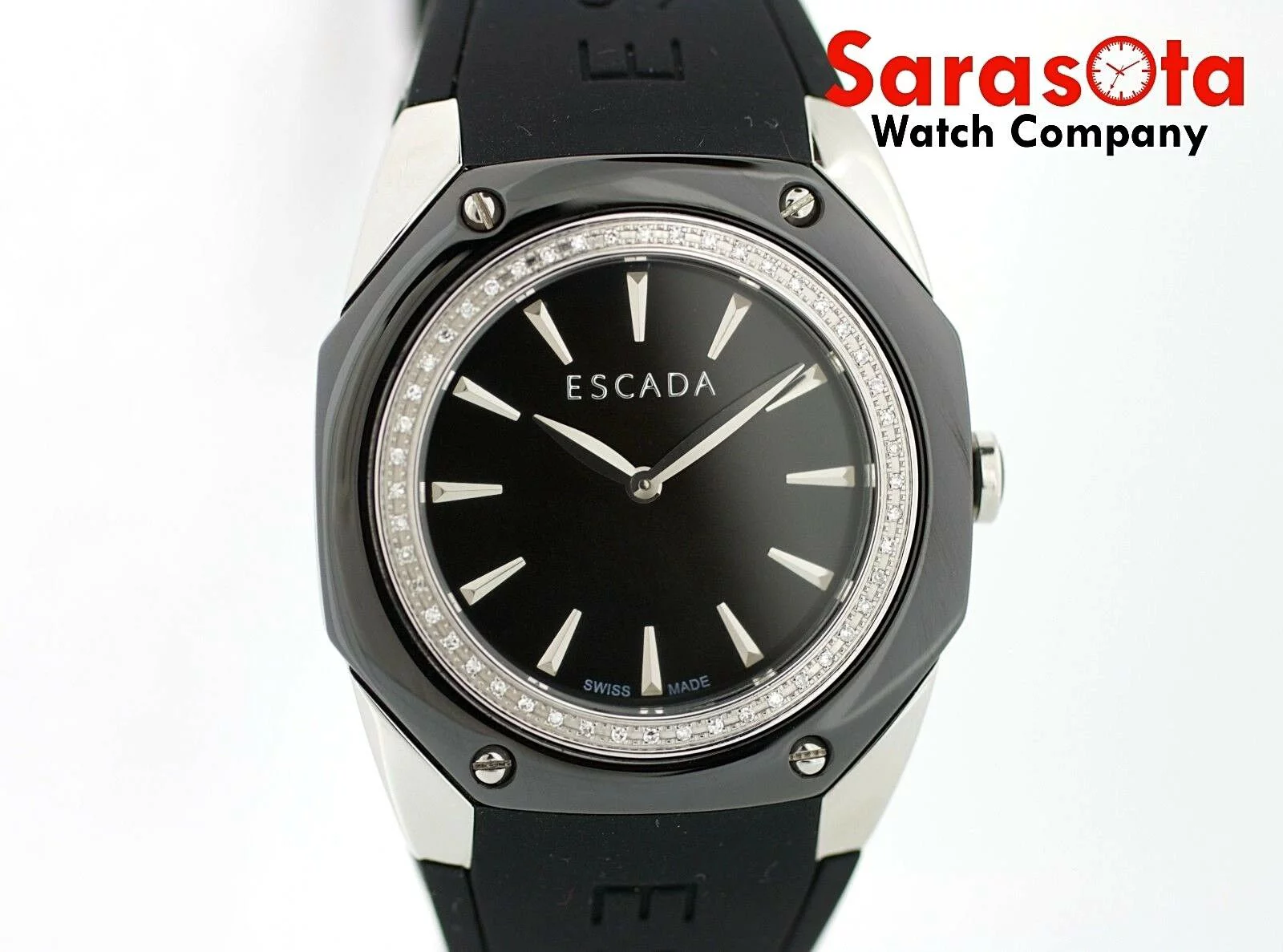 ESCADA Naomi Black Ceramic Steel Case Diamond Bezel Rubber Quartz Wrist Watch